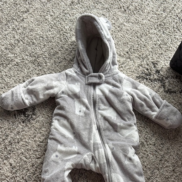 Carter's Gray Footies One Piece with mittens and hood bear design CUTE AND SOFT! - Picture 2 of 9